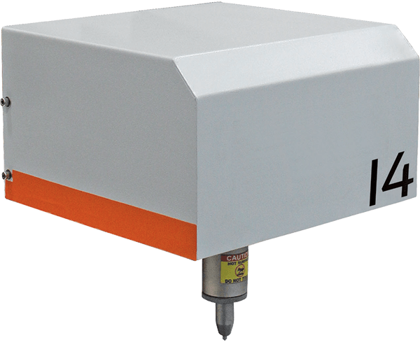 Grey industrial protective housing labeled 14 with an orange stripe, enclosing a dispensing nozzle with a caution label