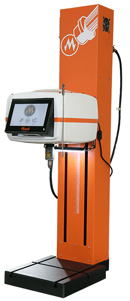 An orange and white industrial testing machine with a digital touch screen control panel and a flat black base