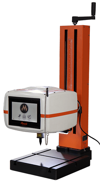 Benchtop dot peen marking machine with an orange column, manual hand crank, and touch screen interface