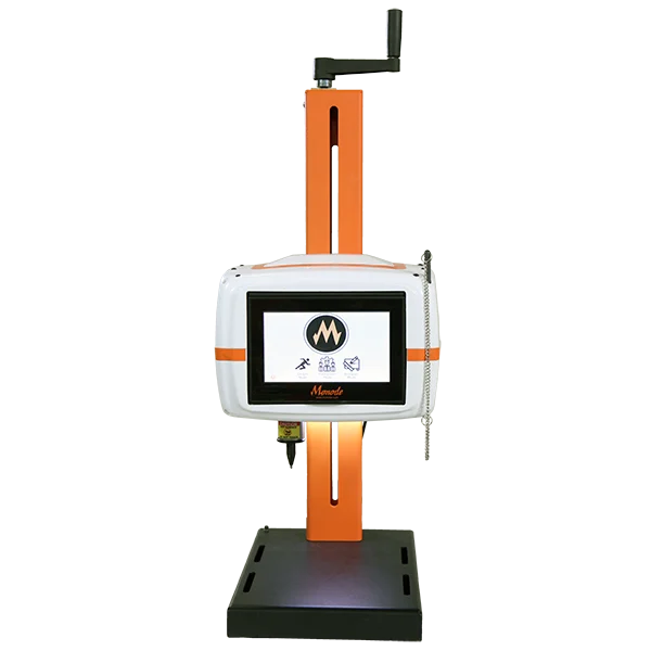 Monode dot peen marking machine with an orange column, a base, and a touch screen display