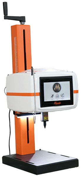 A benchtop dot peen marking machine with an orange and white enclosure, touchscreen display, and a crank handle on top
