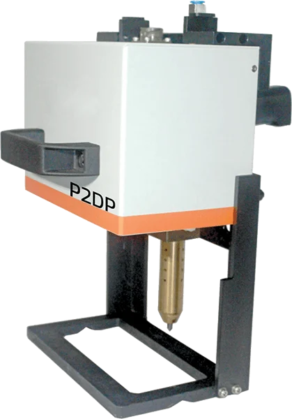 P2DP hot-melt adhesive dispensing head mounted in a metal frame