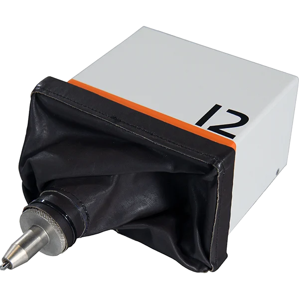 White rectangular device labeled "12" with an orange stripe, featuring a black bellows gaiter and a metallic probe extending from the front