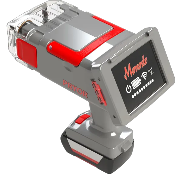 A gray and red handheld Monode dot peen marking machine with a digital display