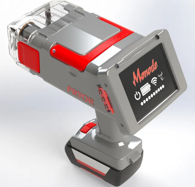 Handheld gray and red Monode dot peen marking tool with a digital display screen and rechargeable battery base