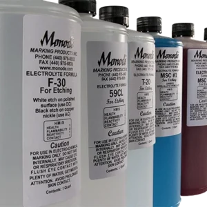 A row of Monode marking fluid bottles with labels showing different electrolyte formulas for etching