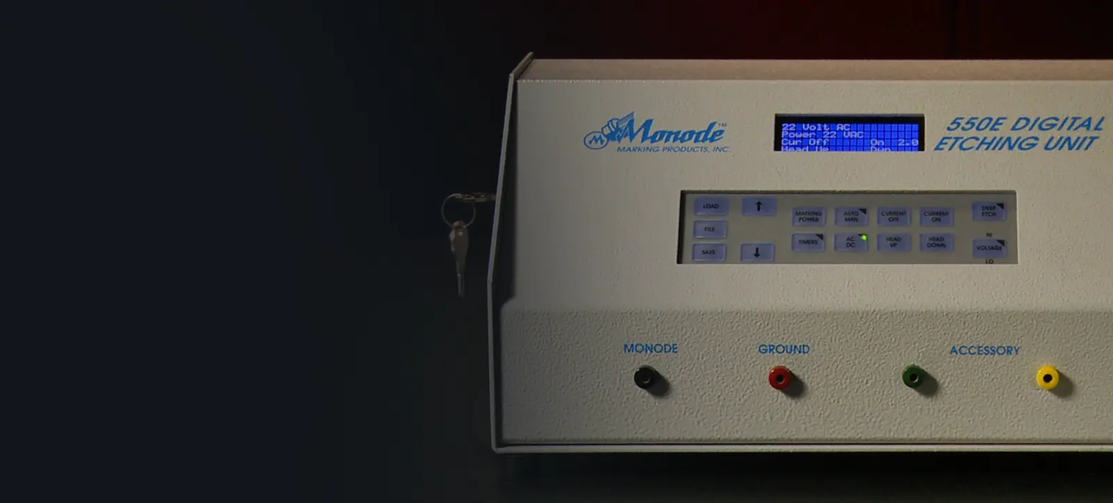 Monode 550E Digital Etching Unit with a digital display, control panel buttons, and labeled input jacks