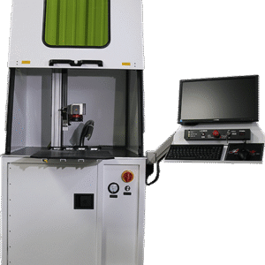 Monode laser marking workstation with an enclosed laser chamber, control panel, and attached computer monitor