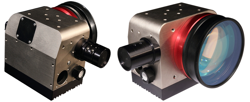 Two specialized scientific camera modules with metallic housings and different lenses attached