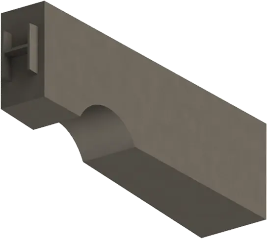 3D CAD model of a structural concrete beam with an arched cutout underneath and an H-shaped protrusion on the end