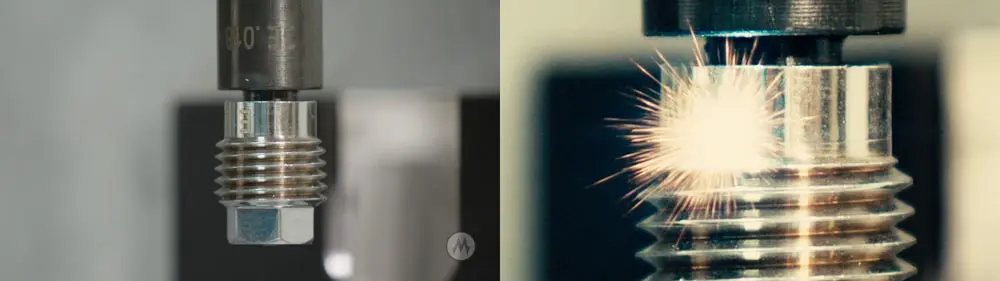 Side-by-side comparison of a metal screw before and during high-intensity laser or machining process creating sparks
