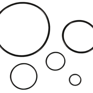 Five black O-rings of varying sizes arranged against a dark background