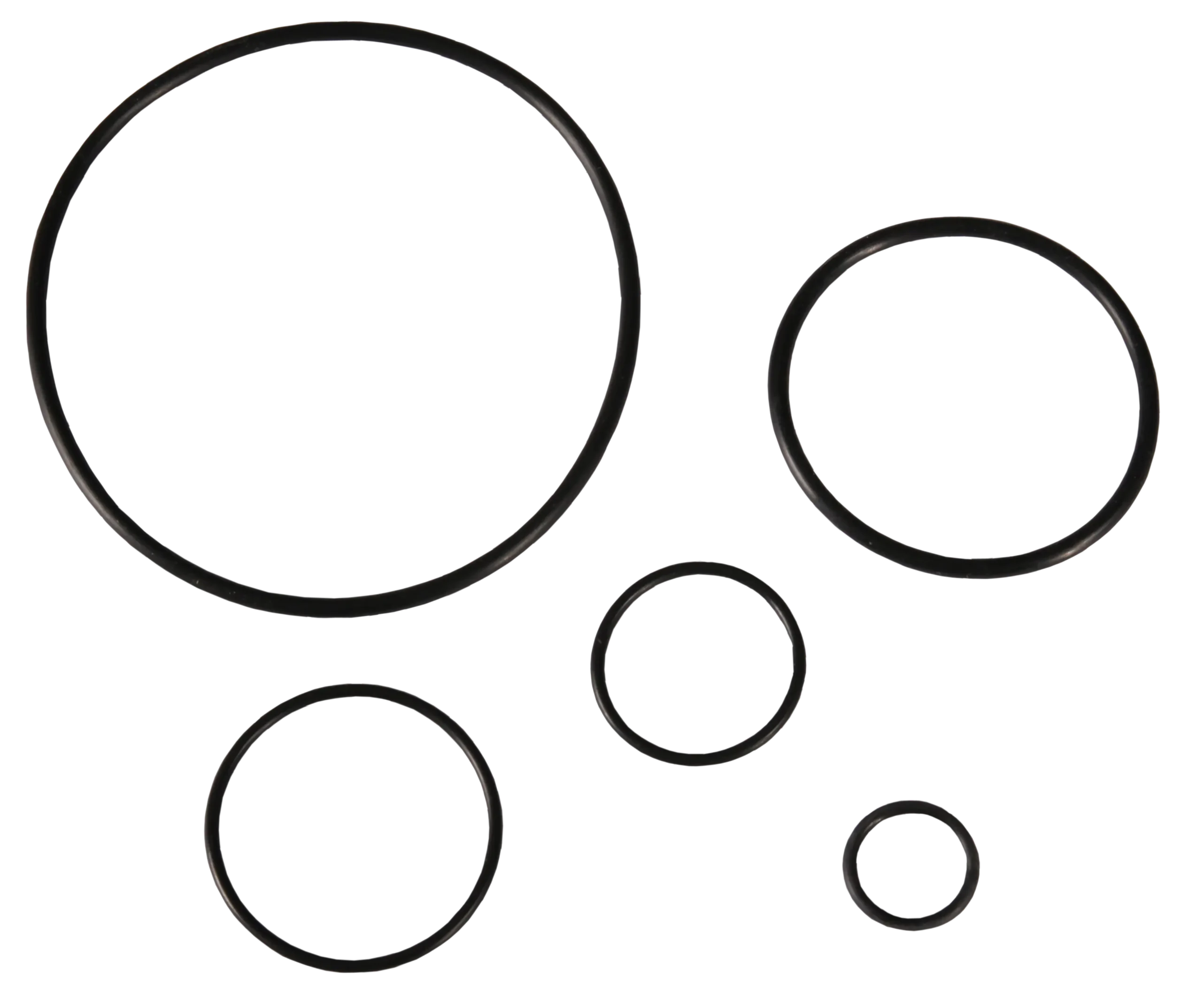 Five black O-rings of varying sizes arranged against a dark background