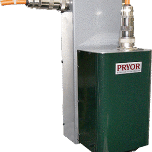 Pryor industrial dot peen marking head with grey and dark green housing and two connected cables