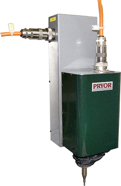 Pryor industrial dot peen marking head with grey and dark green housing and two connected cables