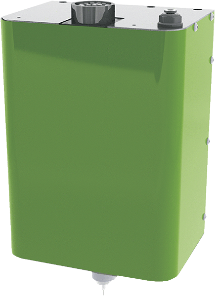 Green industrial container with a metal top plate and a dispensing nozzle at the bottom