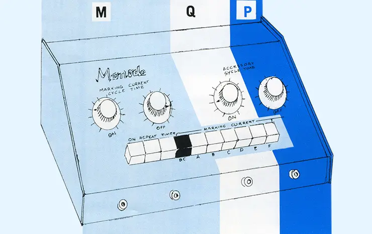 Diagram of a control panel with knobs, switches, and the letters M, Q, and P across the top